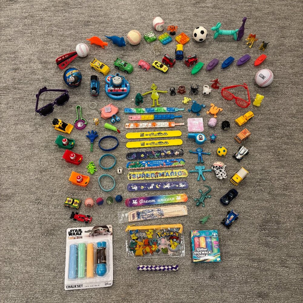 Small Toys Bundle - Balls, Cars, Trucks, Bracelets, Dinosaurs, Chalk Sets, More!